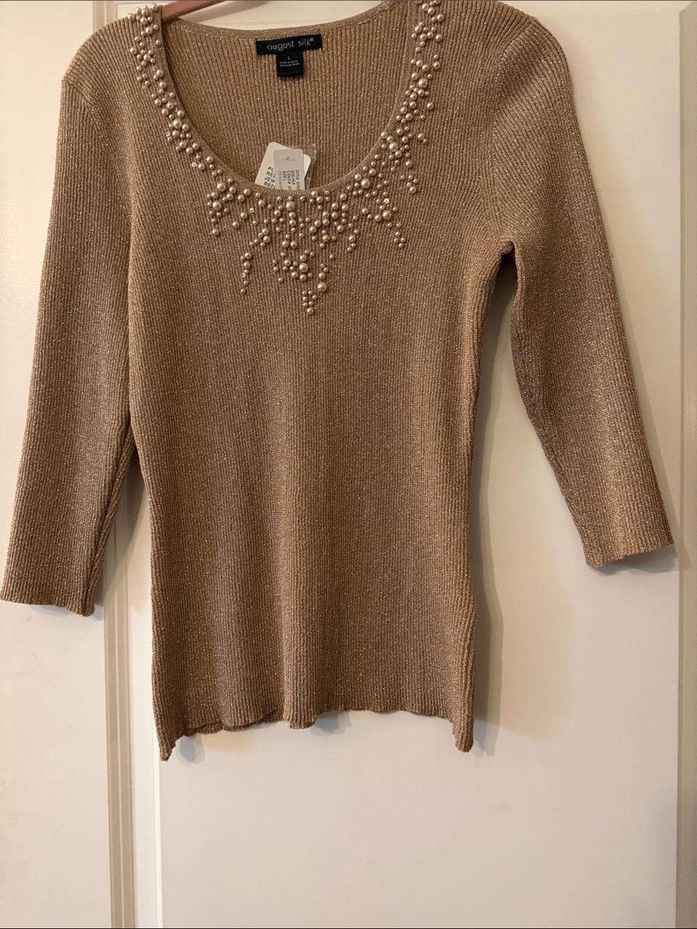 august silk Tan Metallic beautiful Pearl-Embellished Scoop Neck Sweater NWT - Picture 6 of 6